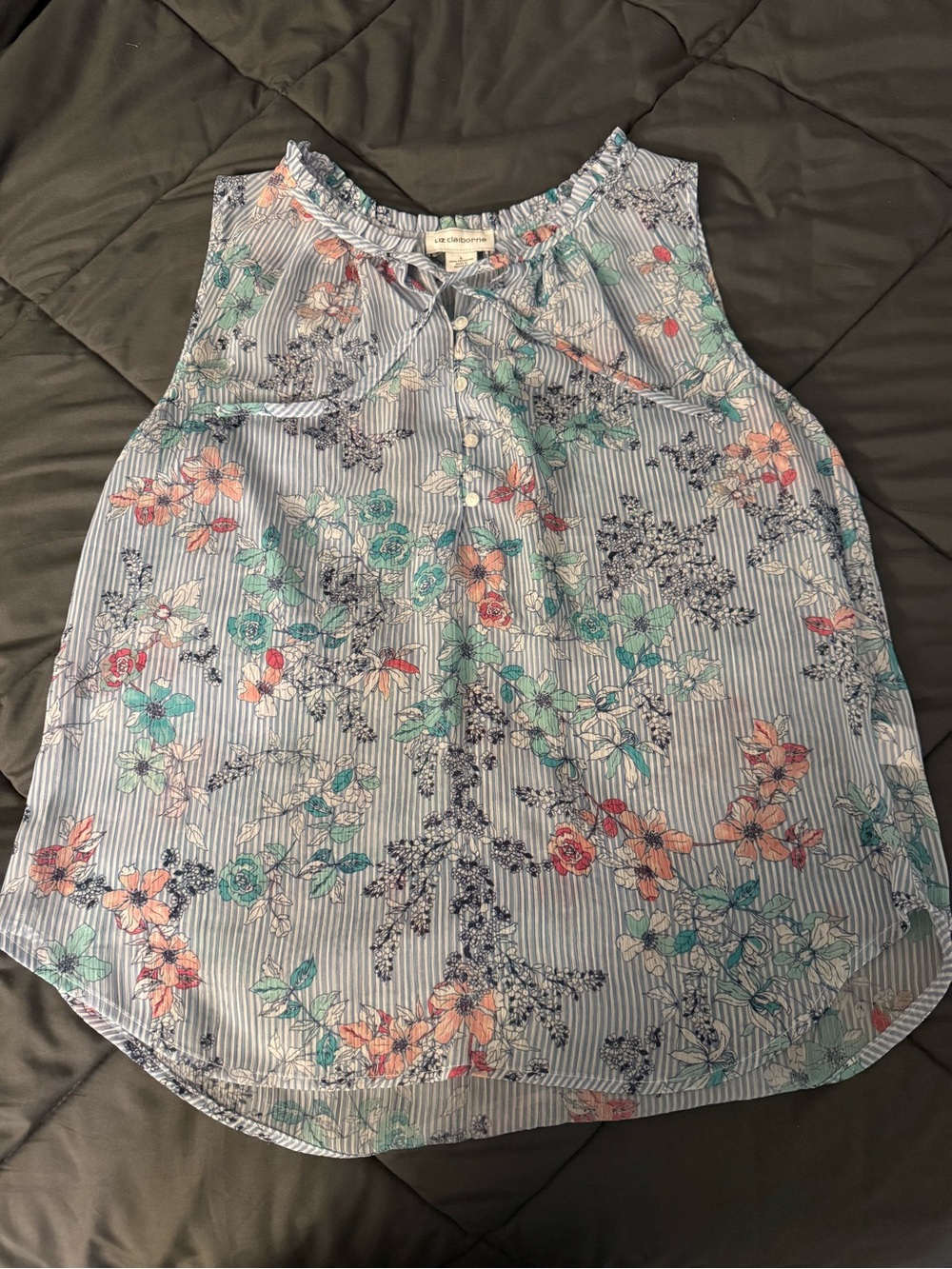 Liz Claiborne Light Blue Striped Floral Ruffle Neck Camisole